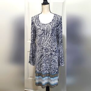 MSK Split Angel Bell Sleeve Stretchy Shift Dress Size L Scoop Neckline